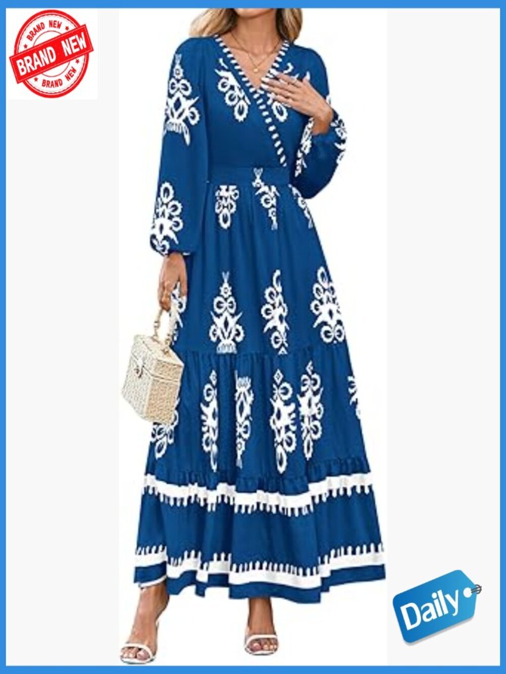 Boho Floral Maxi Dress with Pockets Long Sleeve V-Neck